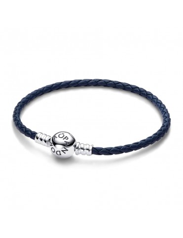 Pulsera de Cuero Trenzado Azul con Cierre Redondo de Pandora Moments 592790C1-S3